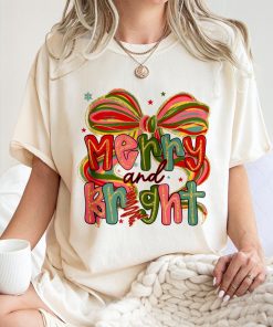 Merry And Bright T-Shirt, Preppy Merry Christmas  T-Shirt, Christmas Coquette Sublimation , Glitter Christmas  T-Shirt