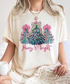 Merry And Bright T-Shirt, Merry And Bright Christmas Tree Coquette , Preppy Merry Christmas T-Shirt, Christmas Coquette