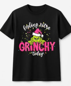 Feeling Extra Grinchy Today With The Grinch In Pink Santa Hat And Christmas Lights T-Shirt