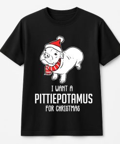 I Want A Pittiepotamus For Christmas With Christmas Pitbull Dog Wearing Santa Hat And Scarf T-Shirt