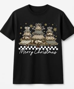 Merry Christmas Camo Xmas Tree Brushstroke Cozy T-Shirt, Preppy Camo Coquette Bow Girly Xmas  T-Shirt