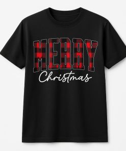 Merry Christmas T-Shirt, Buffalo Plaid Family, Cute Winter Holiday For Women, Cozy Top, Xmas Gift